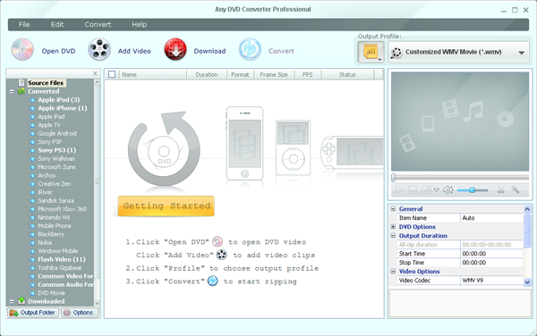 Main Window of DVD to Windows Media Player converter