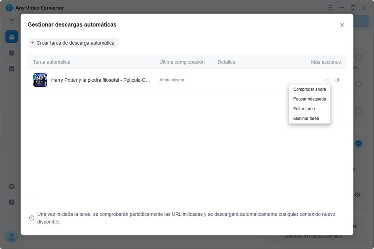 más acciones para gestionar las tareas de descarga automática