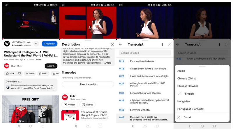 get transcript of youtube video on mobile